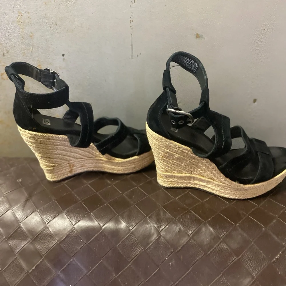 UGG Black Suede Espadrille Wedge Sandals with Ankle Strap - Picture 3 of 5